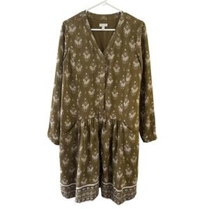Garnet Hill Olive Green Floral Drop Waist Dress Button Up Lined Pockets Size 2